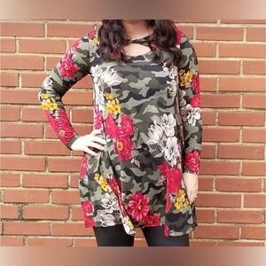 Watermelon Camo Floral Long Sleeve Tunic Dress Womens Plus Size 3XL